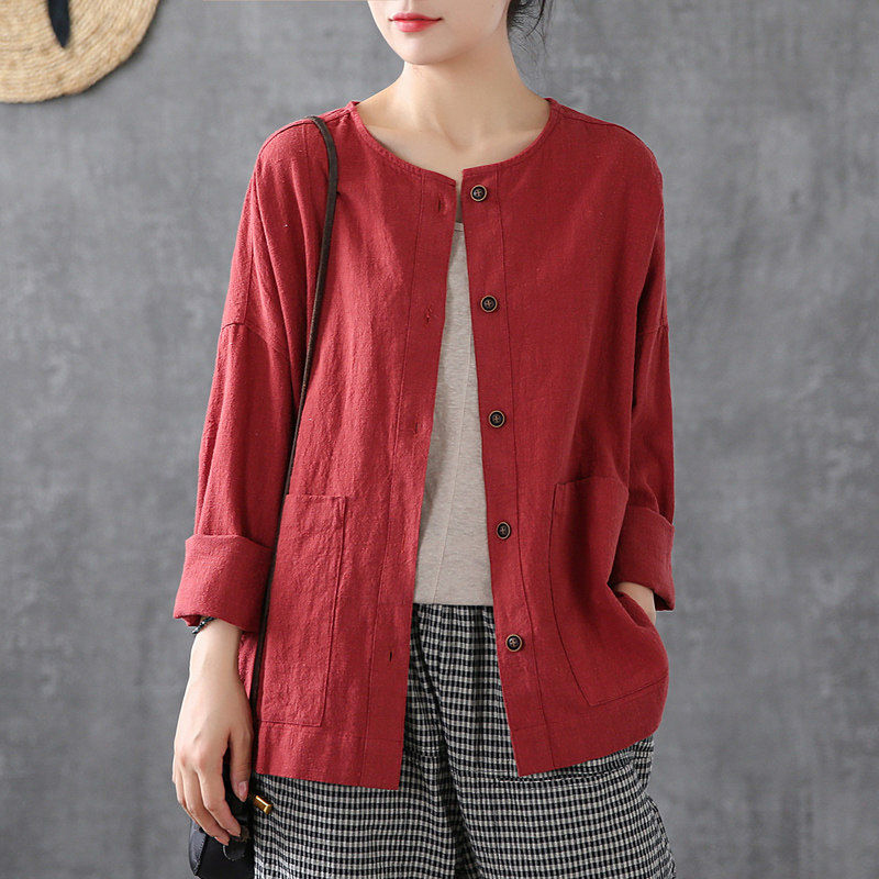 Spring Autumn Arts Style Women Long Sleeve Loose O-neck Shirts Big Pockets cotton linen Casual Blouses Plus Size S791 210512