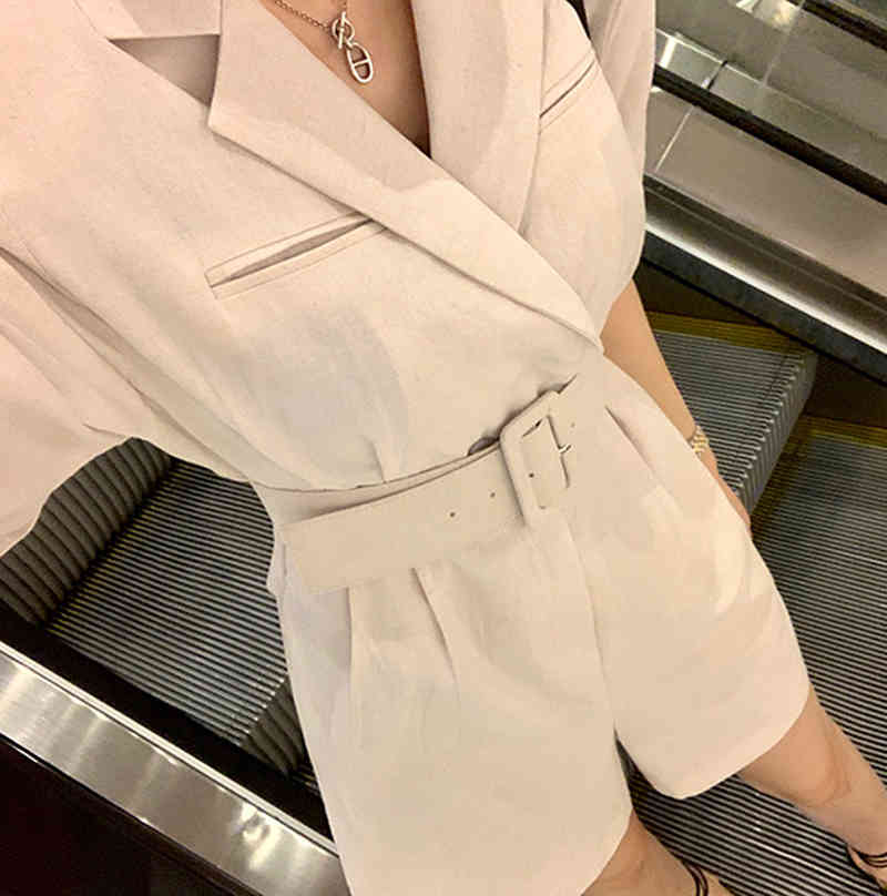 Fashion Female Overalls Notched Collar Office OL Romper Women Short Sleeve Elegant Belt Casual Jumpsuits 210519