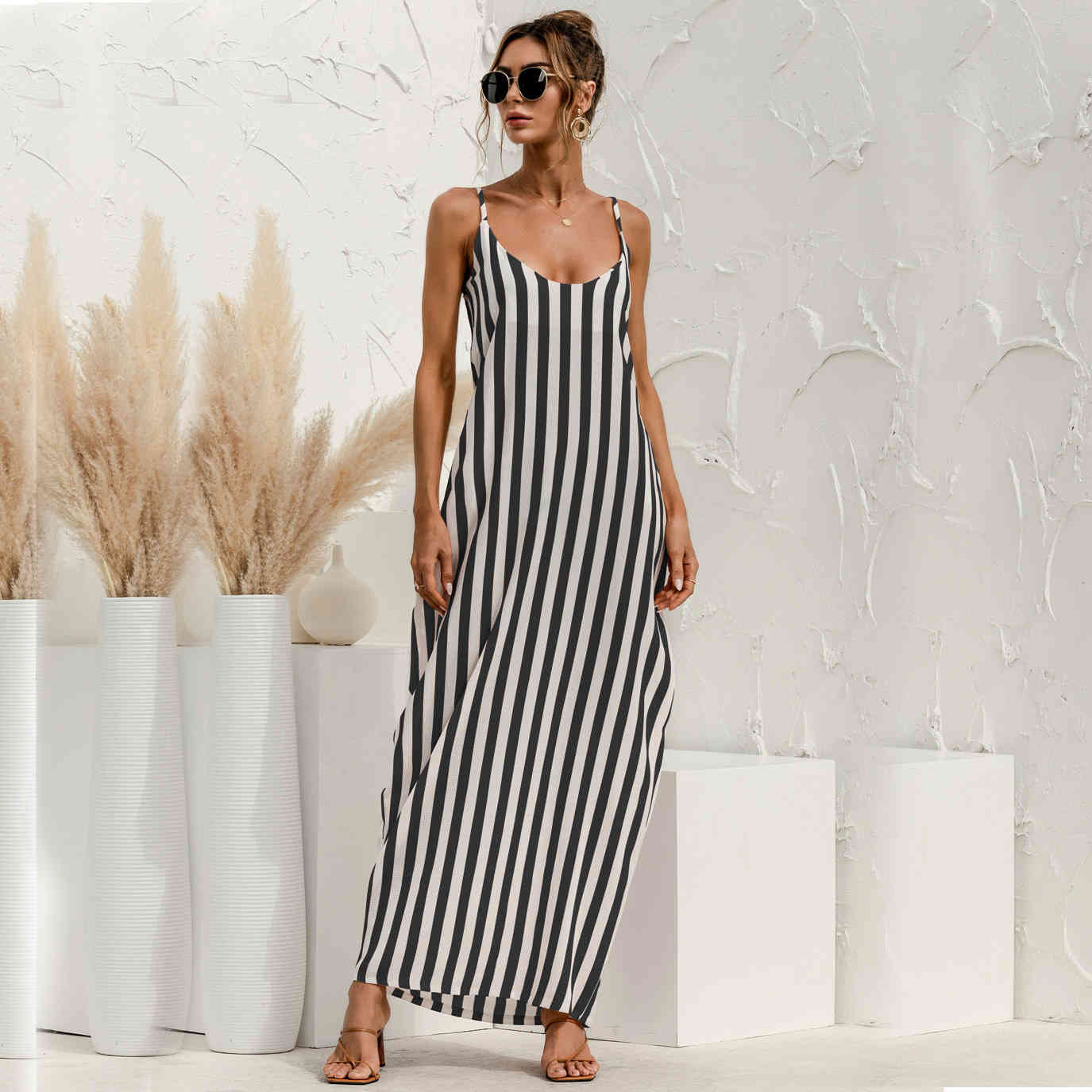 Bohe dress Summer Spaghetti Strap Loose V-Neck Striped Women's Ankle-length Dress Casual holidays female long 210524