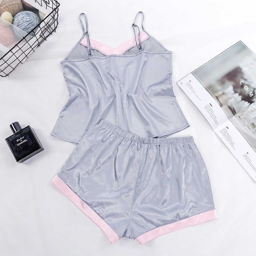 2pcs Pajama Set Women Satin Silk Pyjamas Sexy Sleep Cami Top Shorts Set Homesuit Lingerie Sleepwear Q0706