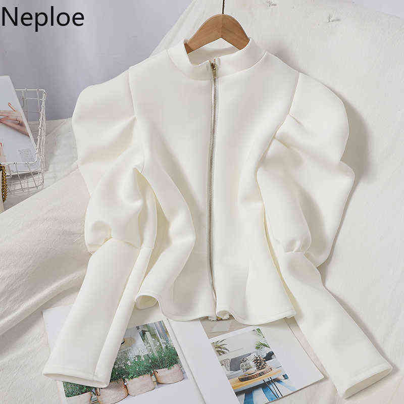 Neploe Sweatshirt Fall Clothes Women Fashion Hoodies Puff Sleeve Zipper Hoodie Shirt Korean Vintage Winter Woman Cropped Tops 211109
