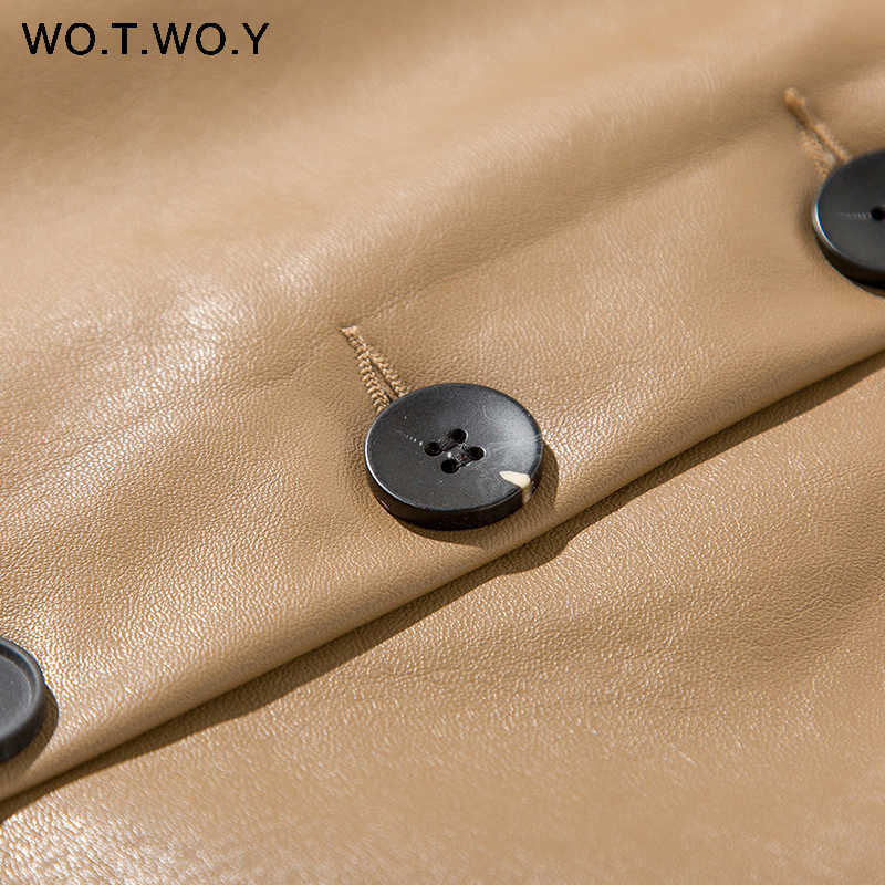 WOTWOY Elengant High Waist Leather Penci Skirt Women Multi Button Wrapped Skirts Mujer Faldas Solid Pockets Femme Jupes 210619