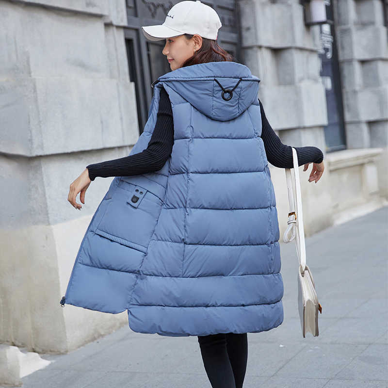 Autumn Winter Cotton Vest Women Hooded Coats Sleeveless Long Jacket Thicken Padded Waistcoat Female 210819