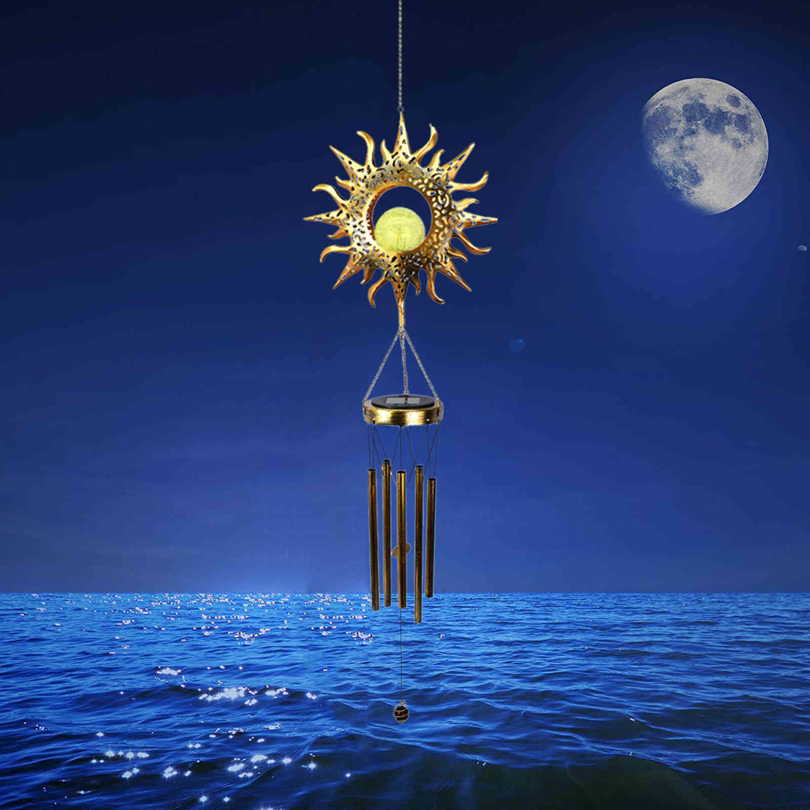 Sun moon wind chimney creative luminous metal ornaments veranda dripping wind chimes hanging decorations present 2021