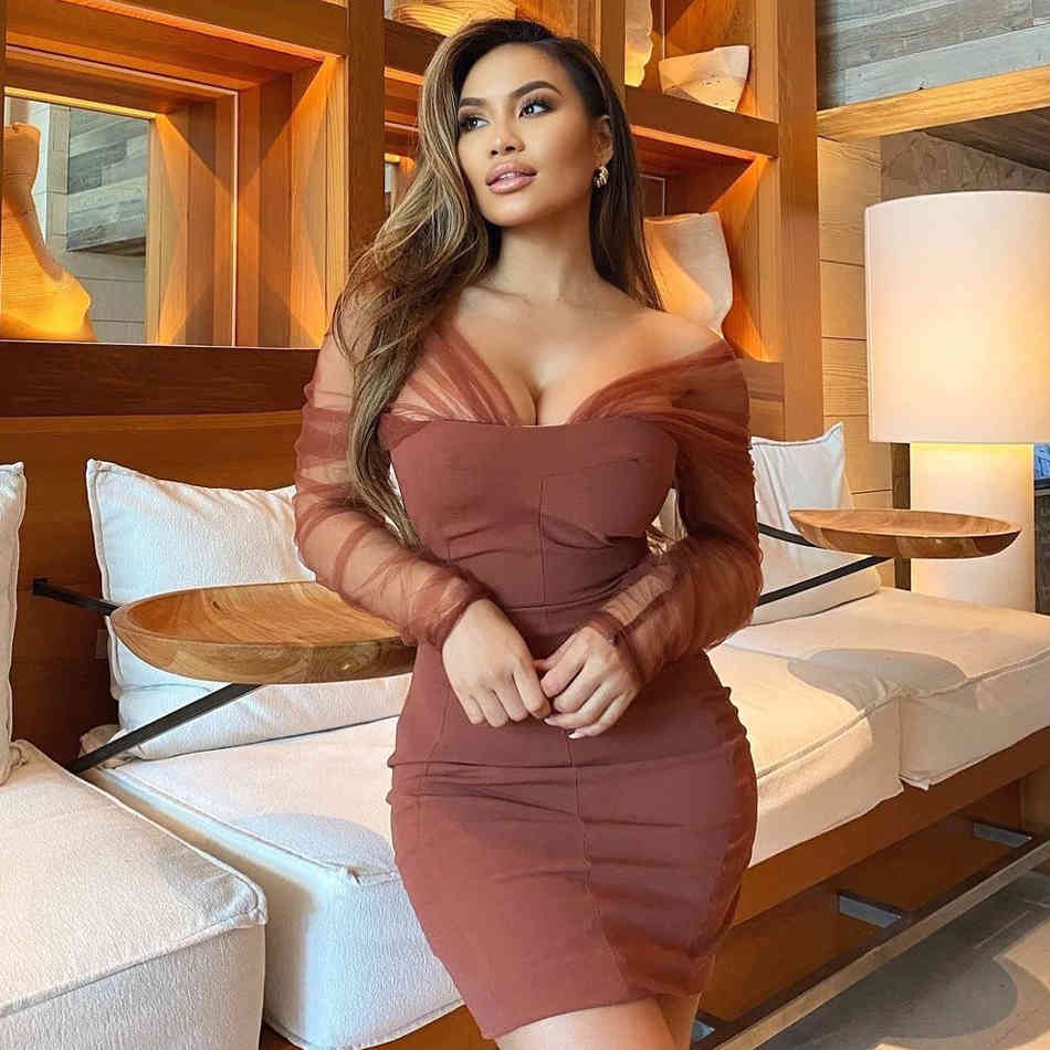 Winter Women Fashion Off Shoulder Lace Long Sleeve Mini Dress Sexy Mesh Club Celebrity Evening Runway Party 210423