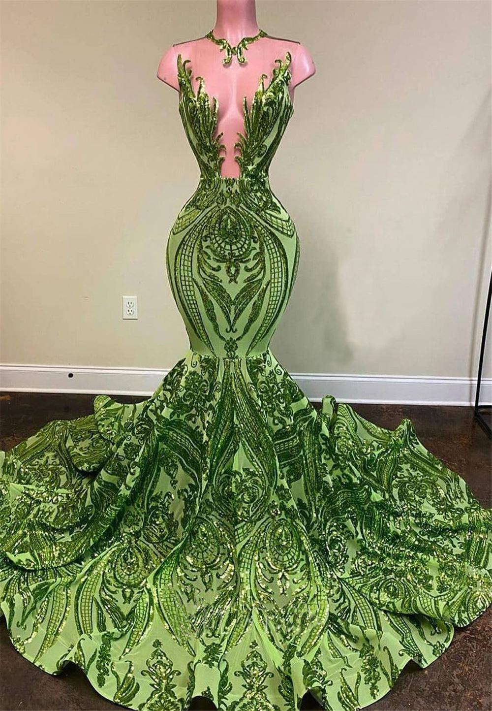 Sparkly Sequin Prom Dresses 2021 Green Lace Sexy Deep sheer o-neck African Women Glitter Mermaid Evening party Gowns robes de soirée