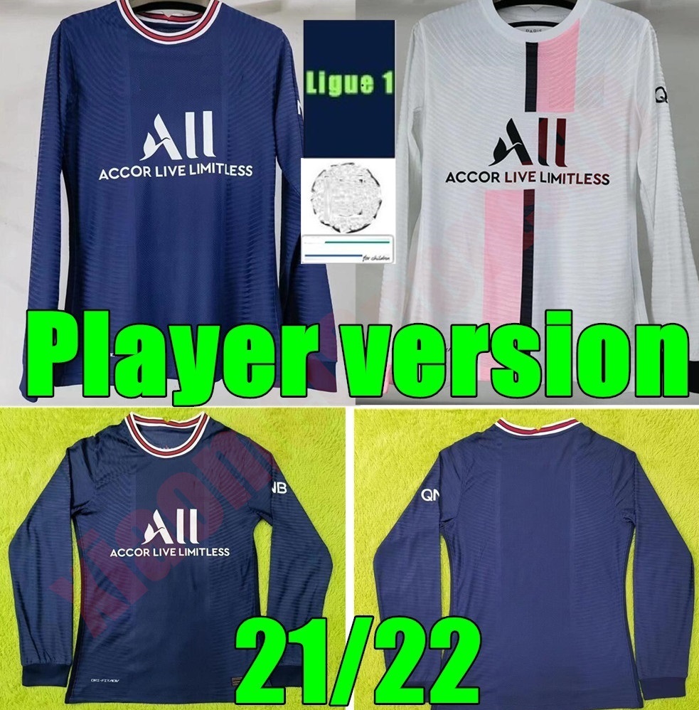 new 21 22 Player version Long sleeve adult kits soccer Jerseys PSGS Maillots football 2021 2022 MESSI SERGIO RAMOS MBAPPE ICARDI shirt Men kit sets maillot de foot, Home+champion patch