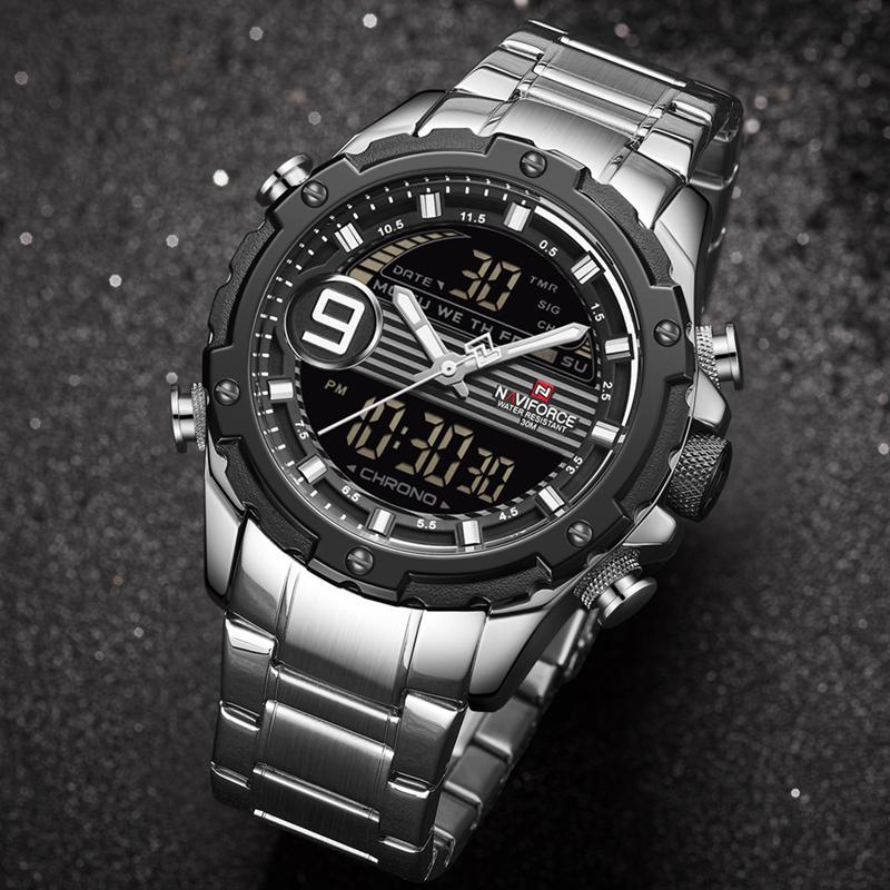 Wristwatches NAVIFORCE Fashion Watchs Mens LCD Digital Chrono Sport Wrist Watch Military Stainless Steel Clock Relogio Masculin, Silver black
Wristwatches NAVIFORCE Fashion Watchs Mens LCD Digital Chrono Sport Wrist Watch Military Stainless Steel Clock Relogio Masculin, Silver black