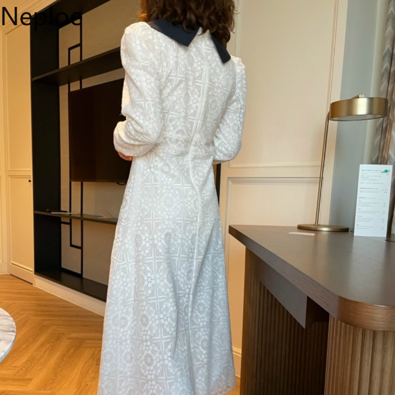 Neploe Korean Vintage Maxi Dress Peter Pan Collar Double-breasted Heavy Lace Vestidos Pattern Slim Elegant Dresses for Women 210422
