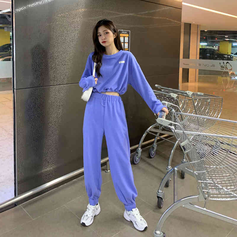 Wonder 2 Piece Set Tracksuit Casual Autumn Loose Crop Sweatshirts Haren Pants Outfit Ladies Sportsuits 210510