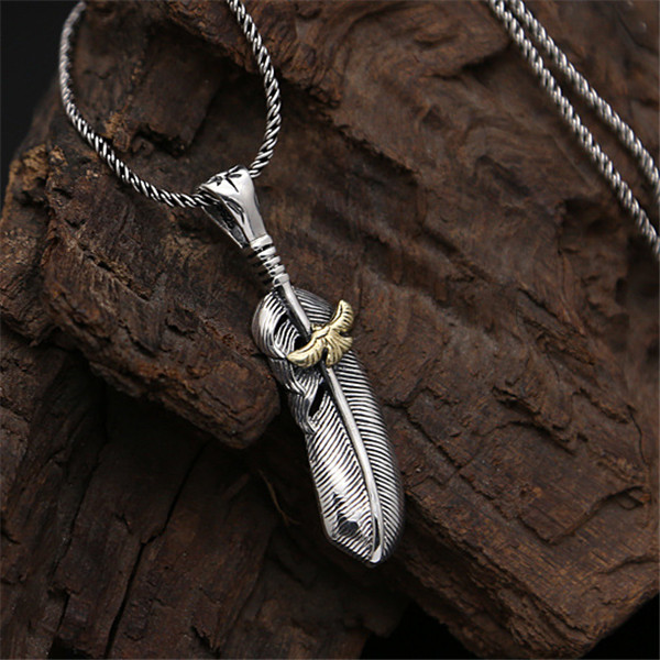 Handmade 925 sterling silver feather pendants with gold color eagle without chain American Indian antique designer luxury fine jewelry accessories gif