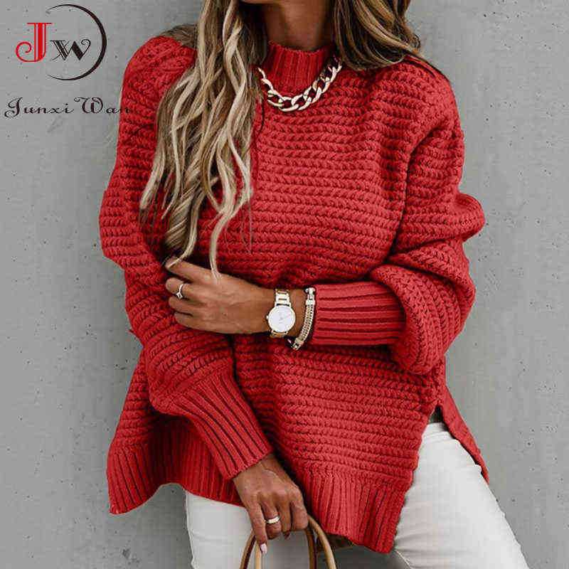 Autumn Winter Women Knitted Sweater Mock Neck Casual Loose Basic Pullovers Warm Elegant Solid Batwing Sleeve Side Split Tops 211123wtt