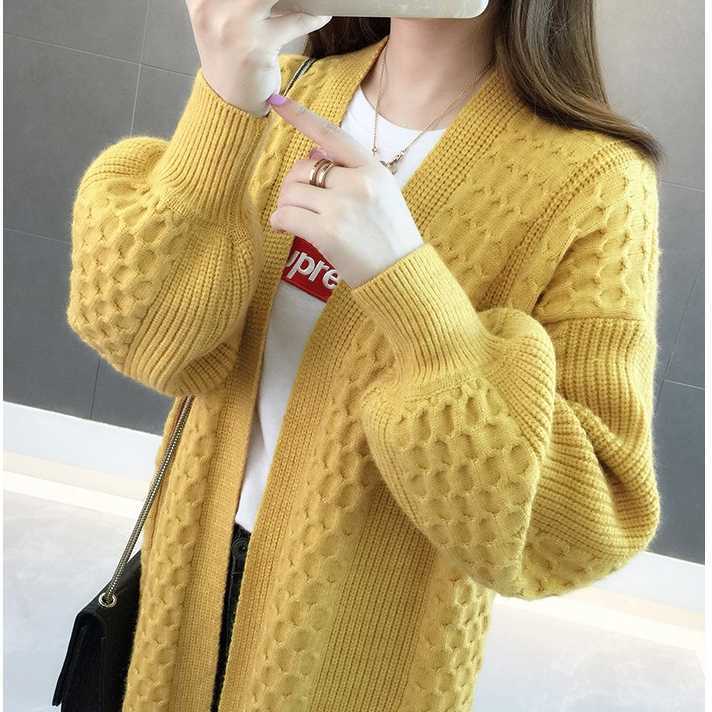 H.SA Women Long Sweater and Cardigans Lantern Sleeve Loose Knitte Coat Open Stitch Winter Cashmere Female 211007