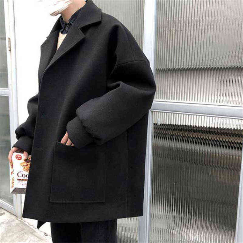 Woolen Coat Men Autumn Winter Korean Fashion Turn-down Coats Thicken Windbreaker Solid Single-breasted Outerwear Male 211122