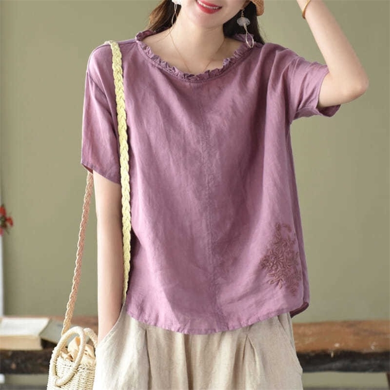 T-shirt with Embroidery O-neck Ruched Shirt Pullover eenage Girl Cotton Linen Women Loose Summer Plus Size ops 210604, Blue 
T-shirt with Embroidery O-neck Ruched Shirt Pullover eenage Girl Cotton Linen Women Loose Summer Plus Size ops 210604, Blue