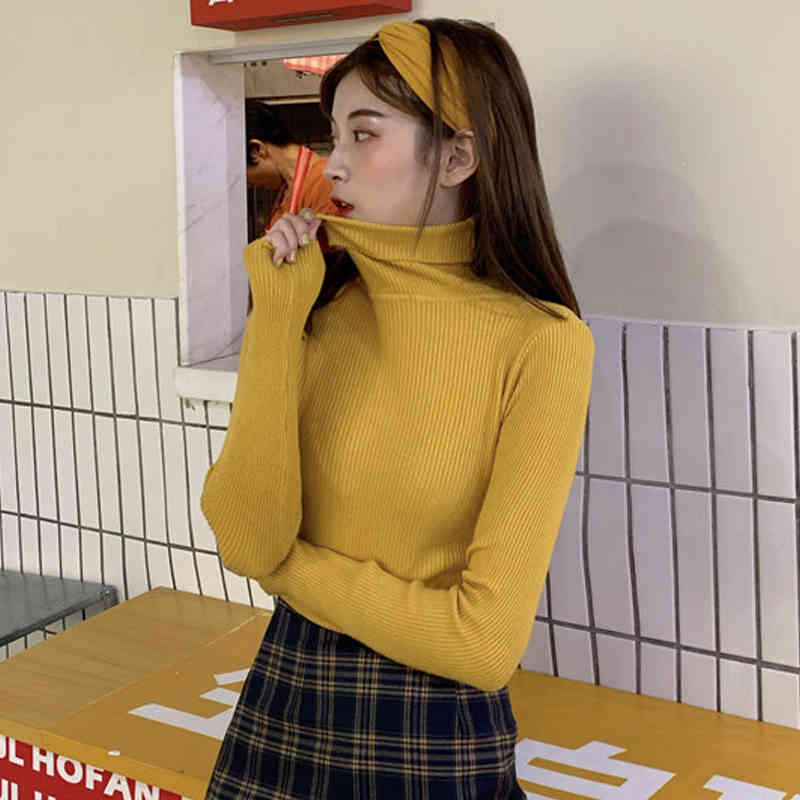 Autumn Long Sleeve Female Pullover Women Sweater Solid Slim Cotton Knitted Turtleneck Clothes Sueter Mujer 10607 210518