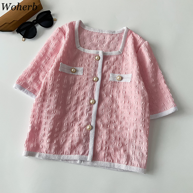 Short Sleeve Blouses Women Elegant Single Breasted Slim Shirts Korean Square Collar Blusas Vintage Temperament White Tops 210519