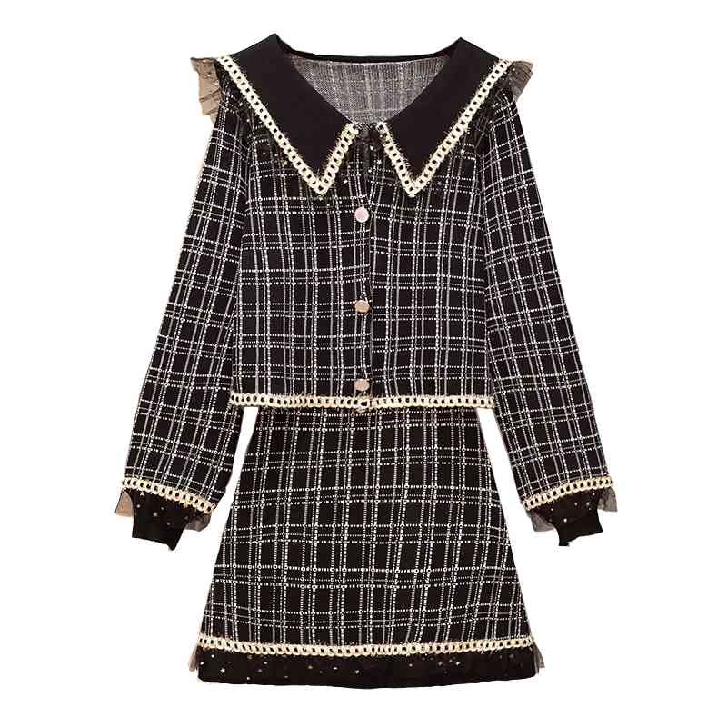 L-5XL Plus Size Women's Suits Autumn And Winter Womens Tweed Plaid Coat Tops + Mini Skirt Large Size 2 Pieces Set 210515