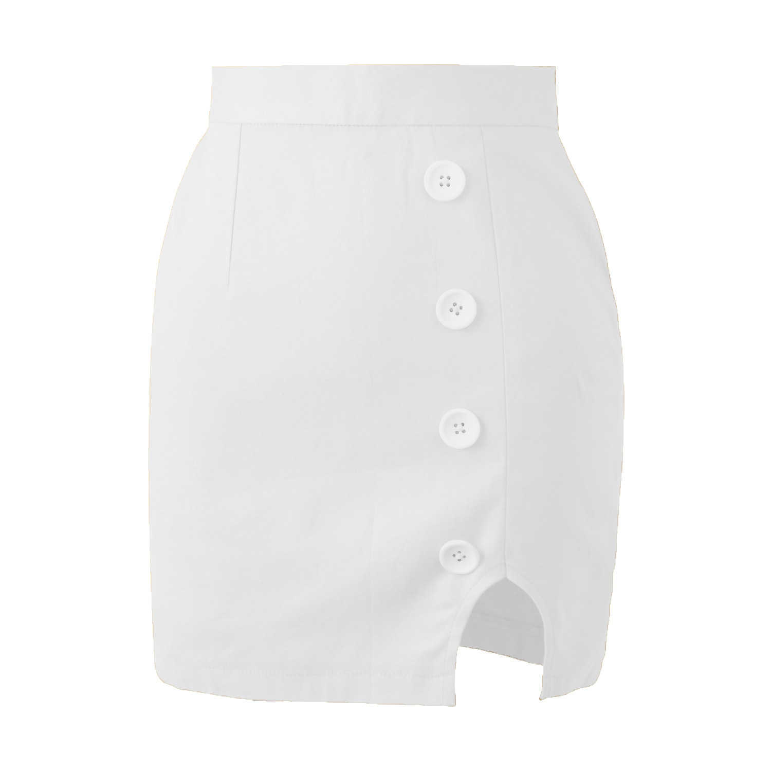 Summer High Waist Button Split Skirt Ladies Casual Sexy Bodycon MIni Dresses Women Slim Black Office Skirts Falda Blanca 210604
