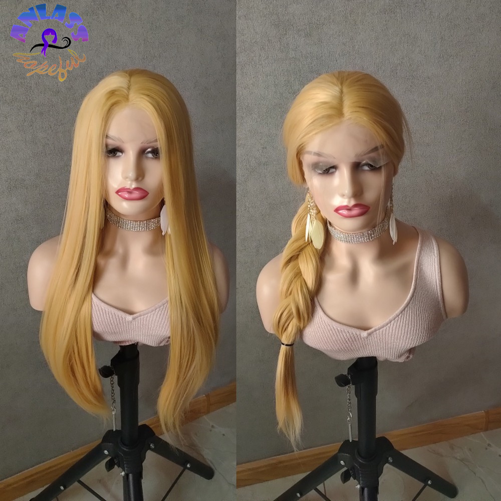Free shipping 26'' Glueless 613 Honey Blonde Lace Front Synthetic Wigs Middle Part Straight Hair Pre Plucked Heat Resistant Fiber Natural Da
