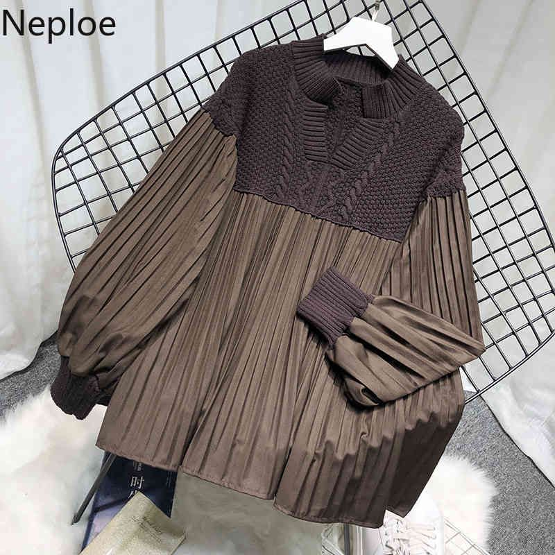Naploe Fall Clothes Vintage Sweaters Women Patchwork Loose Knitted Pullovers V-neck Lantern Sleeve Pleated Jumper Tops Female 210422