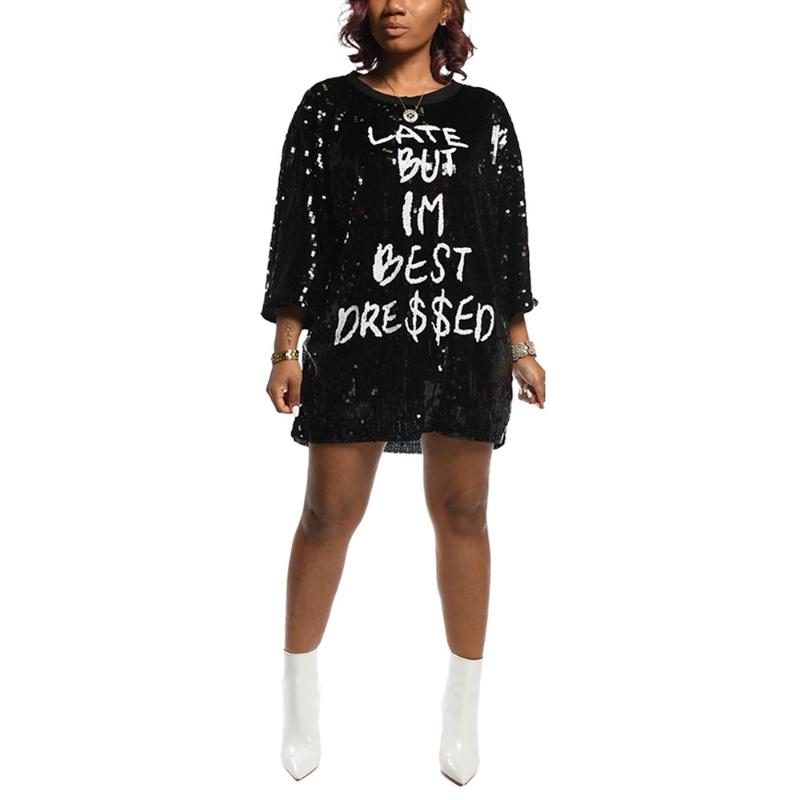 Casual Dresses Women Sequined Letter Print O-Neck Natural Loose Long Sleeve Autumn Stylish 2021 Solid Color Plus Size Female Clothing