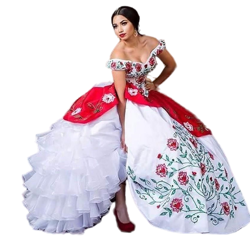 Mexico Traditional Embroidery Quinceanera Prom Dresses 2024 Red And White Ball Gown Crystal Off Shoulder Sweet 16 Dress 15 Year Prom Party Wear Masque