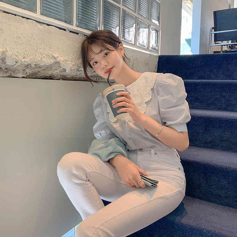 Single Breasted Short Sleeve Summer Blouse Sweet Peter Pan Collar Shirts Women Fashion Loose Blue Shirt Female Clothing 13846 210508