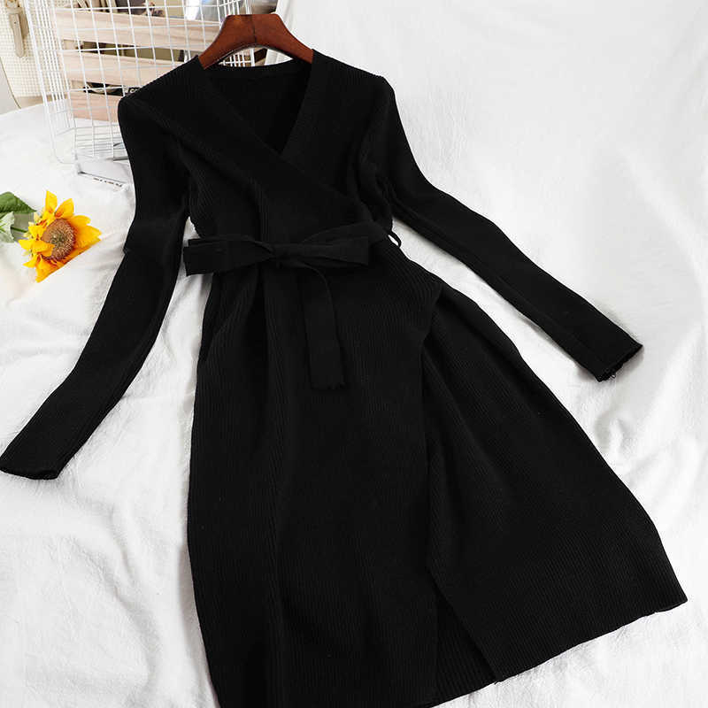 DEAT Spring Autumn Arrivals Solid Knitted Long Sleeve V-neck Temperament Fashion Split Women Midi Dress MZ930 210709