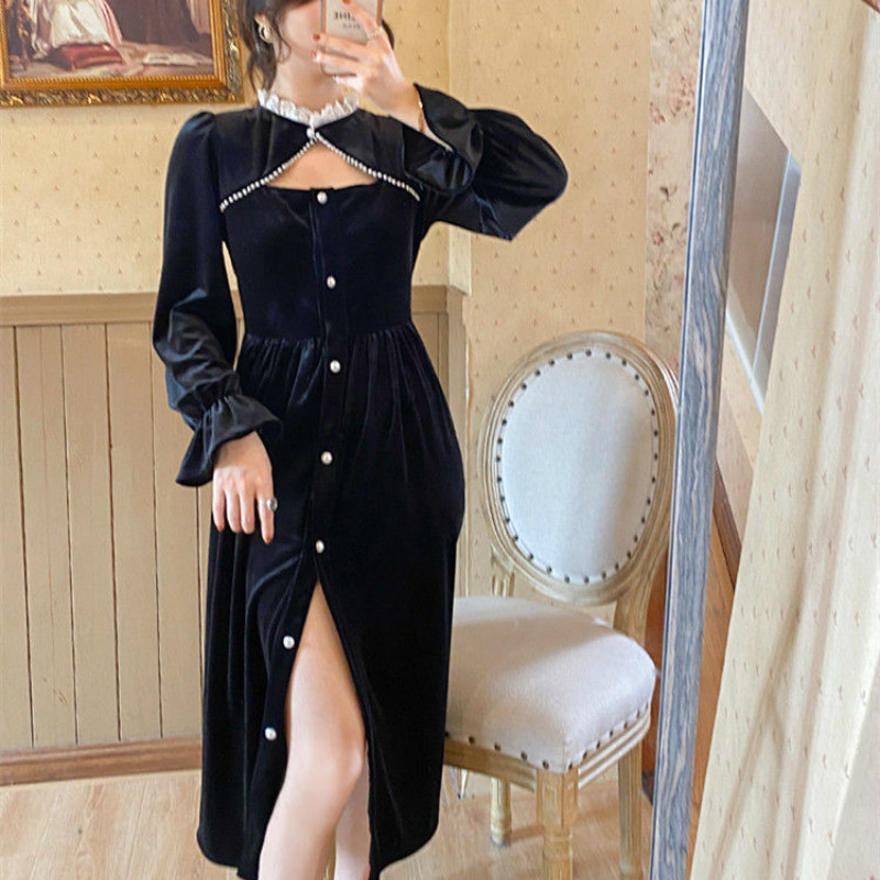 Vintage Black Dress women casual evening party dress korean Spring slim long sleeve sexy Button dress female 210521