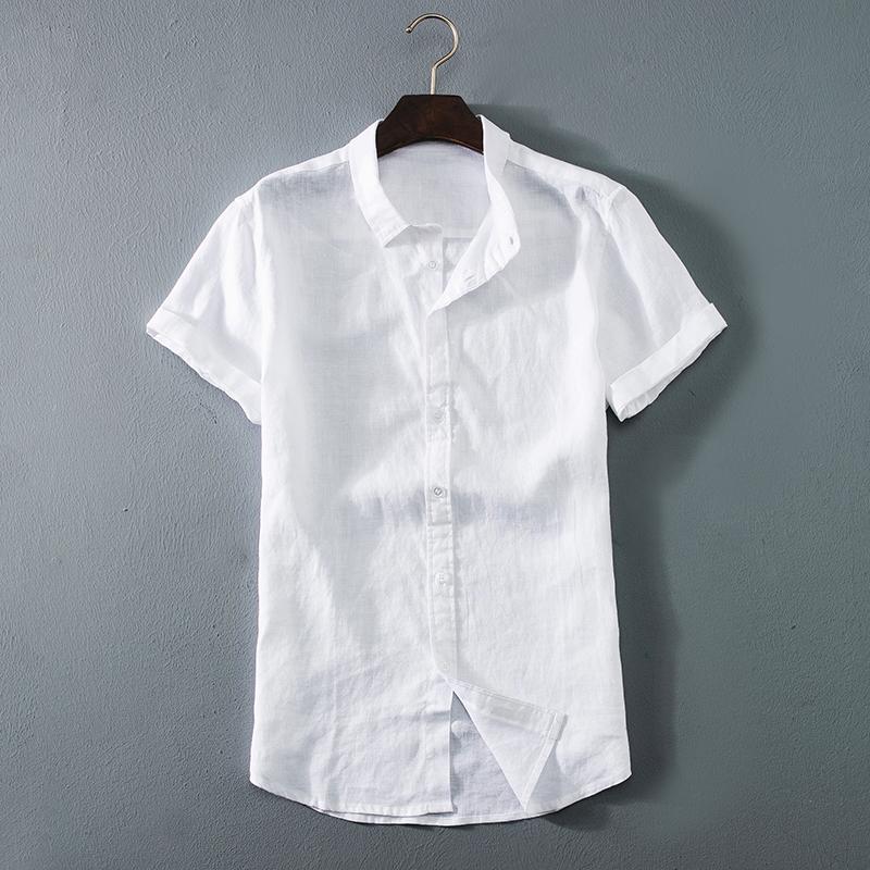 Men's Casual Shirts 2021 Summer Linen Shirt Fashion Classic Style Solid Color Short Sleeve White Male Brand Clothes Pink Gray