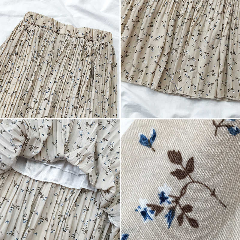 Vintage Floral Print A-line Pleated Long Skirts winter Women Korean Streetwear Drawstring Elastic Waist Midi lined 210621