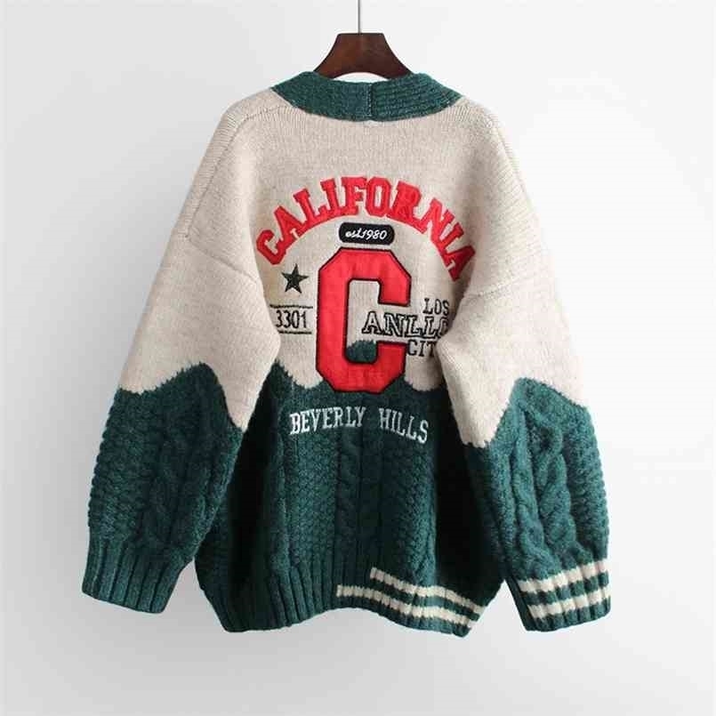 H.SA Women Oversized Cardigans V Neck Letters Embroidery Casual Patchwork Loose Jumpers Thick Warm Spring Knit Jacket Coat 210917