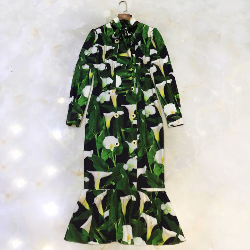 vintageslim bodycon green flower printed crystal buttons double breasted mini ruffles bow collar dress party women robe 210421