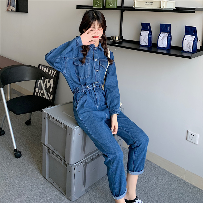 Fashion Streetwear Denim Overalls Women Autumn Long Sleeve Bodysuit High Waist Jeans Bodycon Rompers Belt Wide Leg Jumpsuit 210519