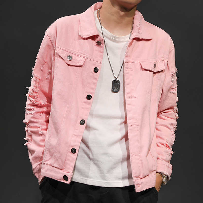 Pink black white Men Ripped jeans Jackets Hip Hop Holes Fashion Men Women Streetwear Distressed Casual Denim Coat Plus Size 5XL 201026