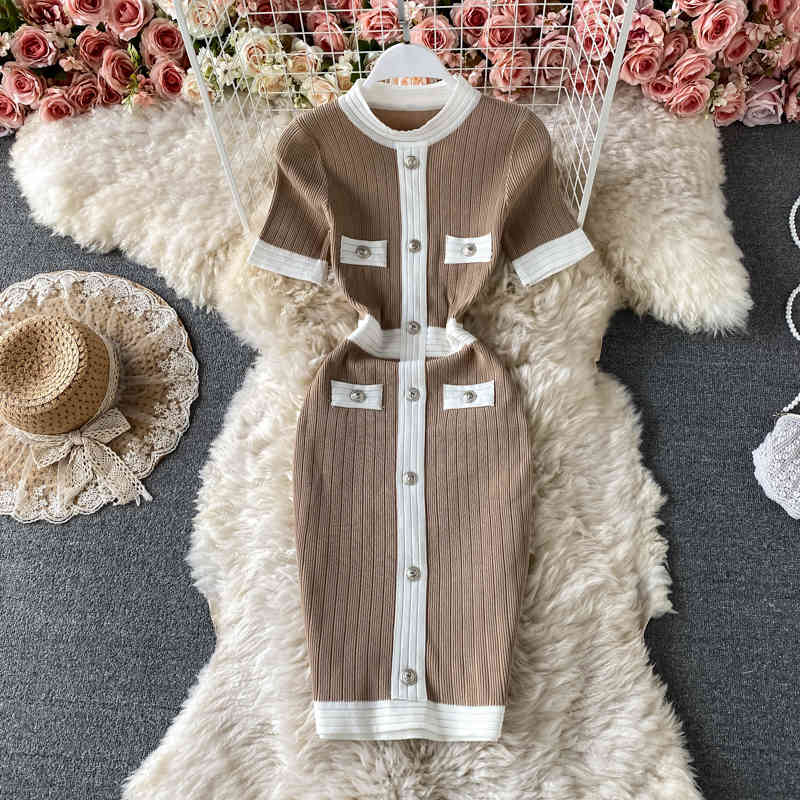 All-match Temperament High Waist Wrap Hip O Neck Short Sleeve Single-breasted Knitted Dress Women Contrast Retro Slim Vestido 210429