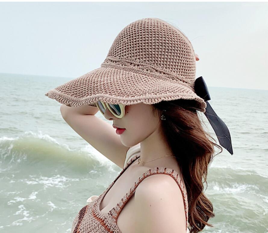 summer style, Lafite straw hat, ladies vacation empty sunNY hatS, bow tie, big beach sun protection hat Wide Brim Hats