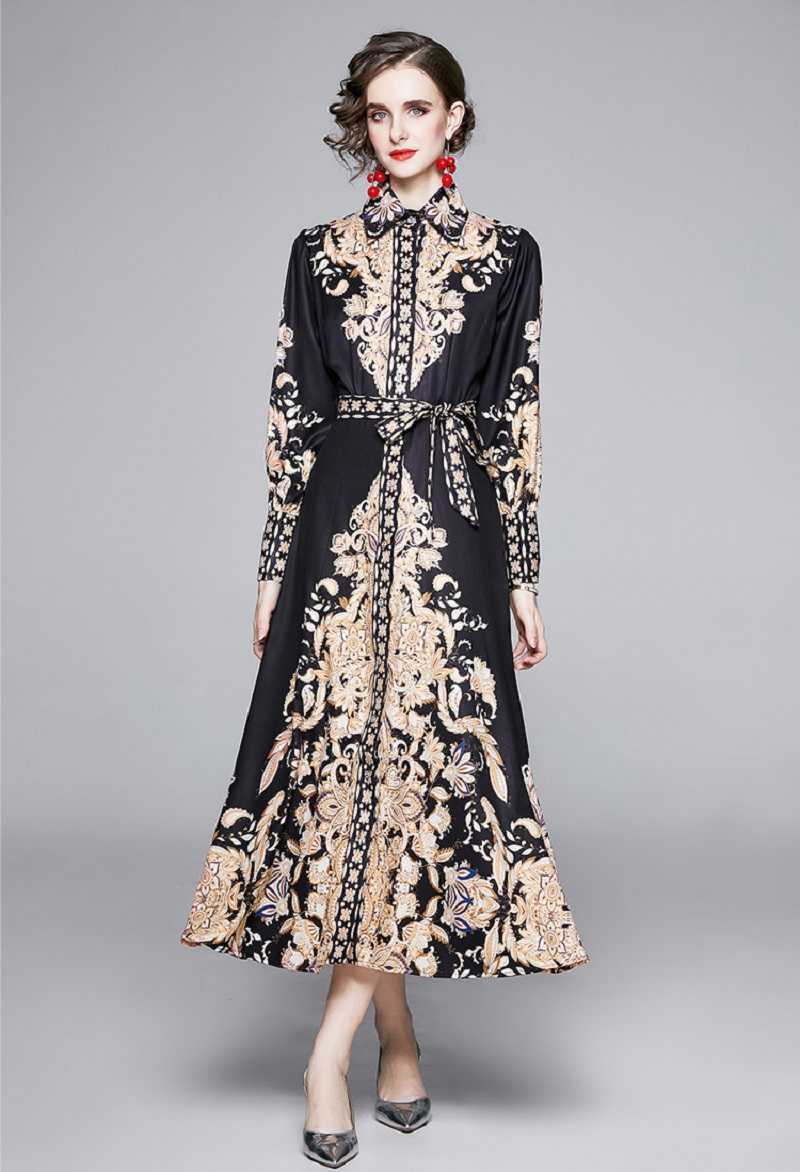 Court Style Autumn Vintage Women Long Sleeve Turn-down Collar Party Dress Elegant Slim Female Print Shirt Dresses Vestidos 210525