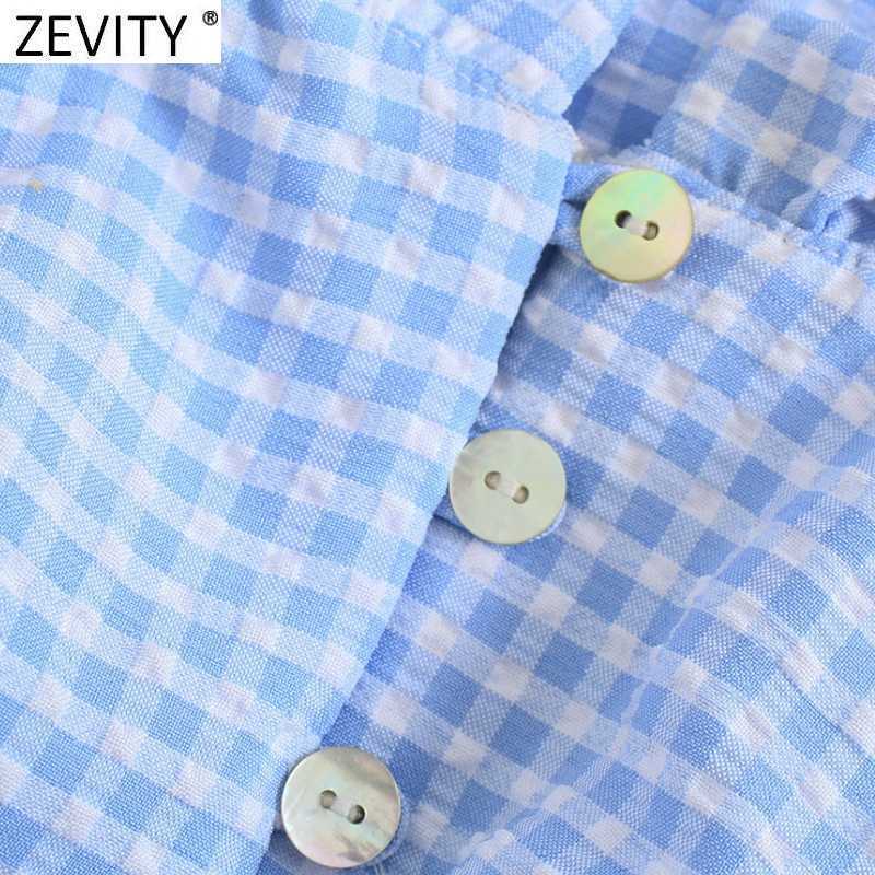Zevity Women Sweet Agaric Lace Plaid Print Hem Knotted Short Shirt Female Lantern Sleeve Blouse Roupas Chic Crop Tops LS9345 210603