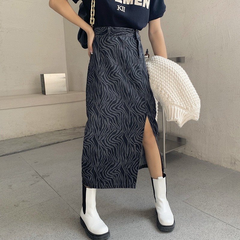 Nomikuma Korean Zebra Striped Jeans Skirt High Waist Split Casaul Women Demin Skirts New Fashion Bottoms Mujer Faldas 6D749 210427