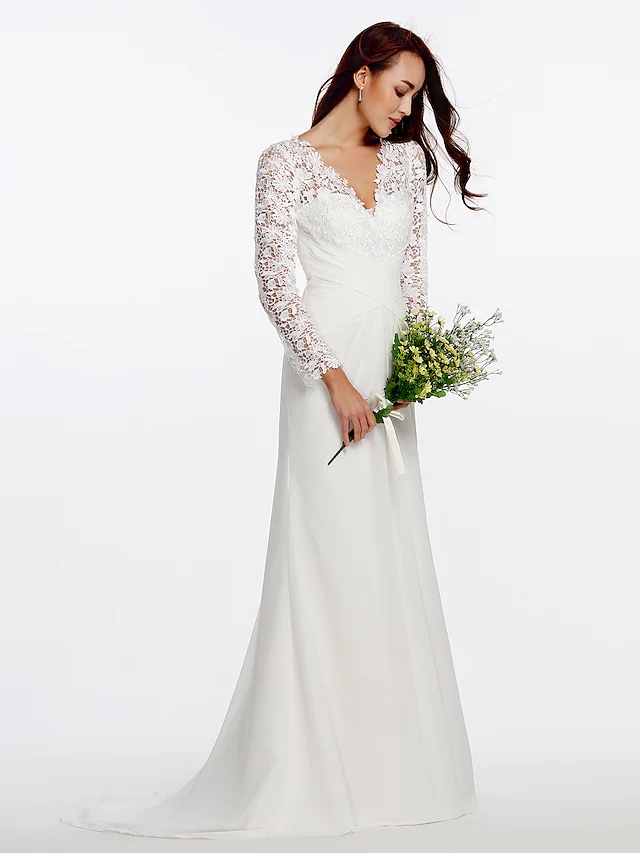 Wedding Dress 2022 Bridal Gown V Neck Sweep Train Chiffon Floral Lace Long Illusion Sleeve Romantic Boho Plus Size Vestido De Noiva Robe Mariage
