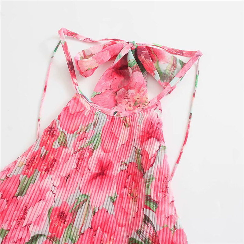 Sweet Woman Pink Flower Halter Long Dress Summer Casual Ladies Backless Beach Dresses Female Chic Print Tank 210515