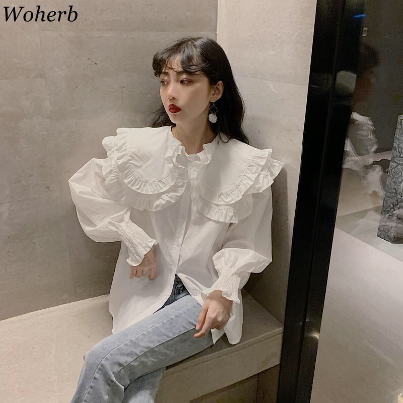 Shirts Women Korean Fashion Blusas Mujer Loose White Blouses Vintage Peter Pan Collar Ruffles Slim Temperament Tops 4i769 210519
