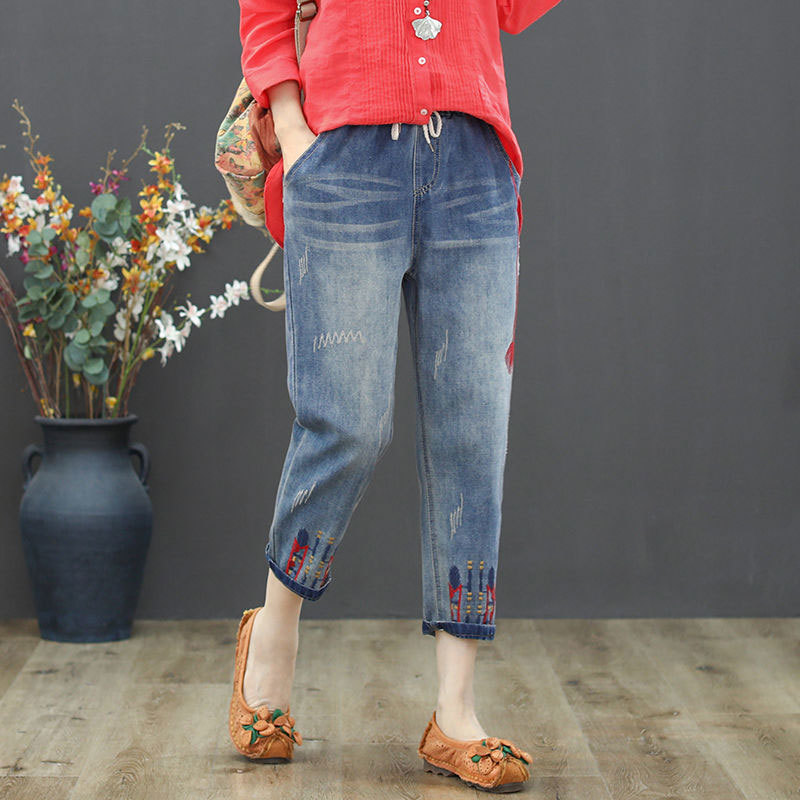 National Style Summer Women Jeans Plus Size Embroidery Elastic Waist Casual Denim Harem Pants Vintage Ripped Big 6XL D131 210512