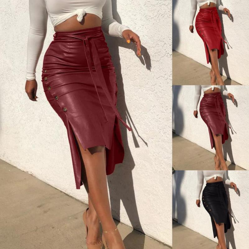 Skirts Sexy Women Autumn Winter Faux Leather Bandage Button Bodycon Split Midi Skirt