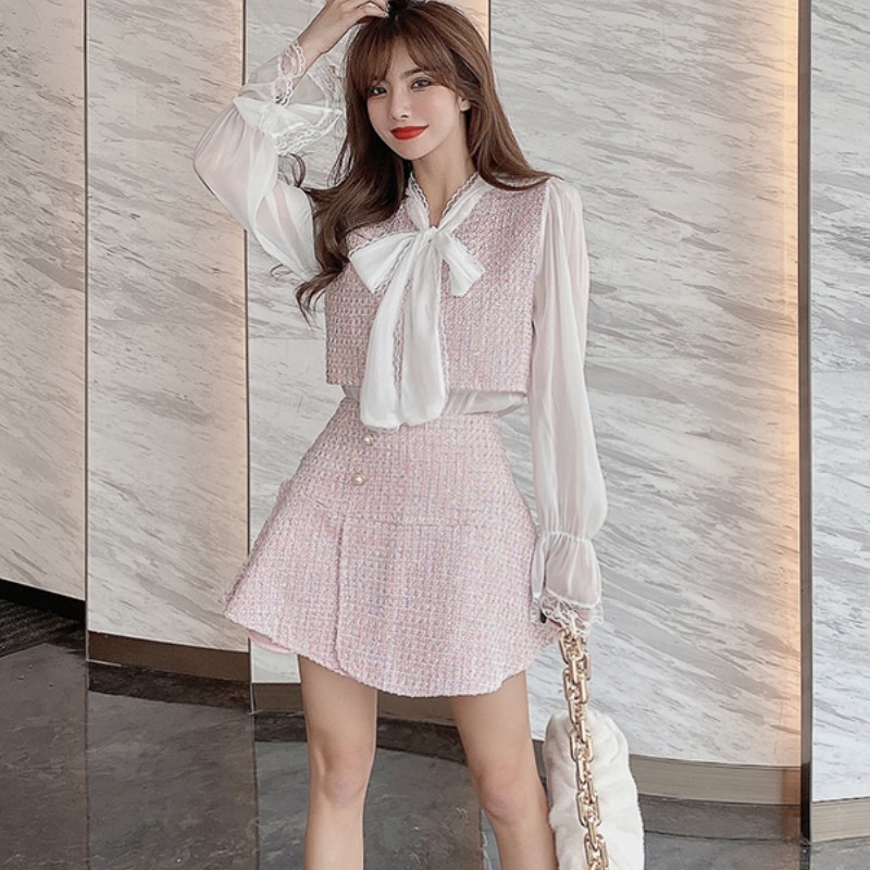 Spring Women 2 Pieces Set Sweet Bow Tie Tweed patchwork Chiffon Flare Long Sleeve Crop Tops + A-line Mini Skirt Suit 210519