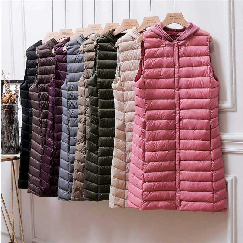 White Duck Down Women's Long Vest With Hooded Slim Warm Ultra Light Sleeveless Female Vests Coat Winter Solid Plus Size 4XL 210819