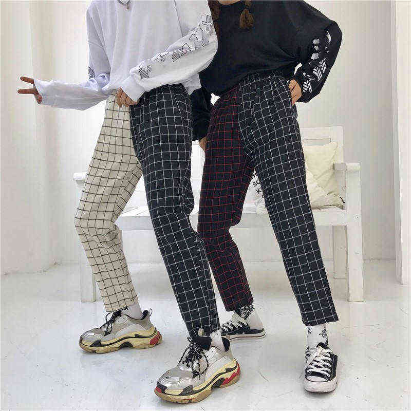 Neploe Vintage Plaid Patchwork Pants Harajuku Woman Man Trousers Elastics High Waist Korean Causal Straight Checkerboard 211115