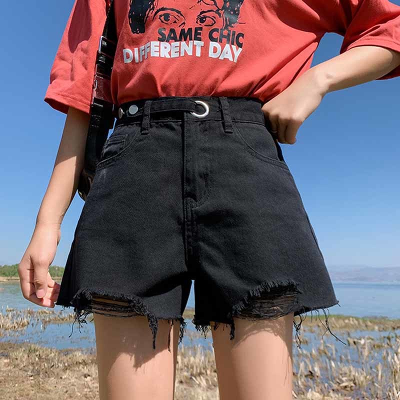 Loose High Waist Slim Straight-Leg Shorts Korean Style Ripped Solid Button Wide Leg Women's Shirts Plus Size 9515 210518